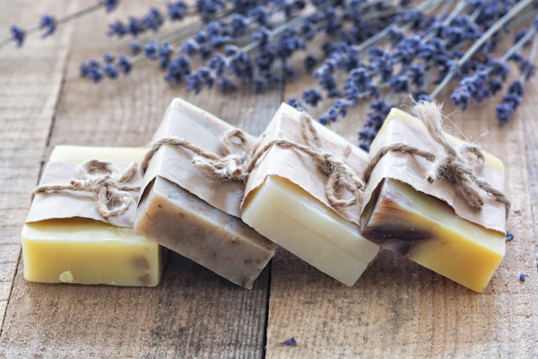 Pastillas de jabón artesanal envueltas con cordel junto a lavanda